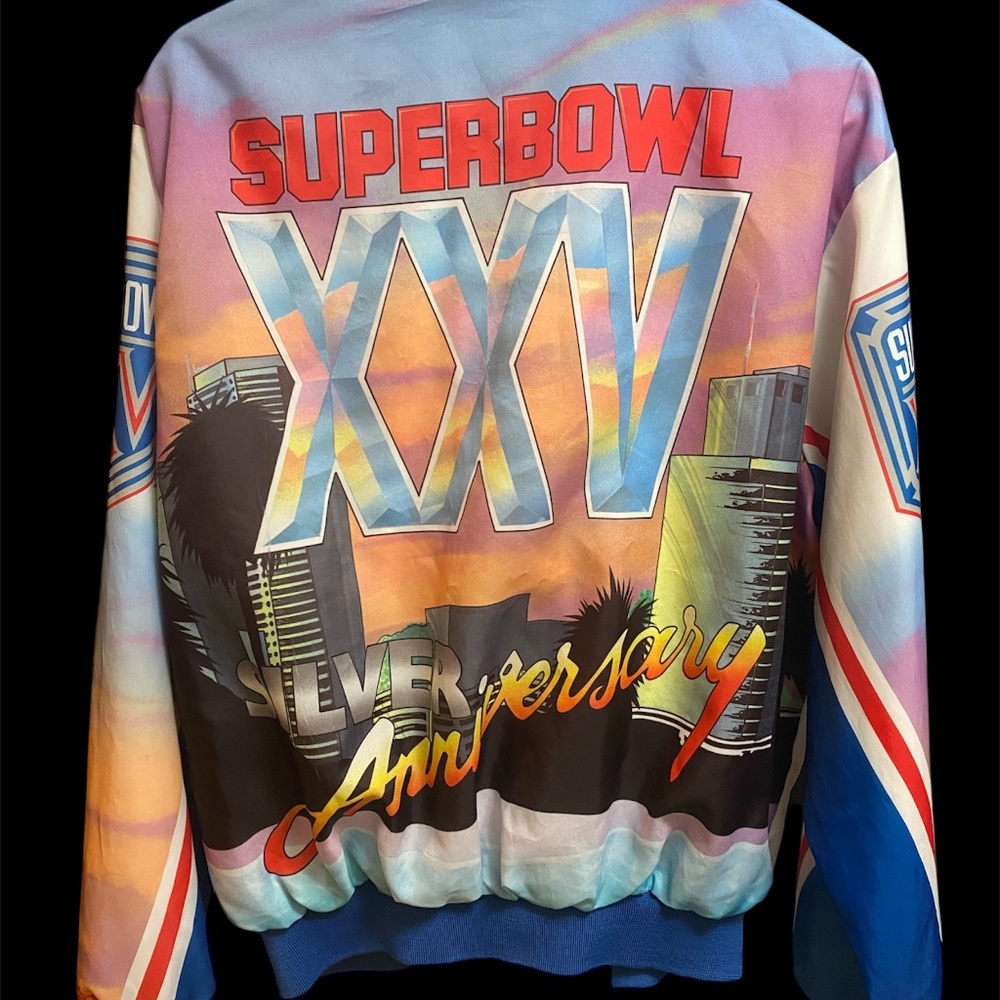 Vintage 1991 Chalk Line Super Bowl XXV Silver Anniversary Satin Jacket L Rare